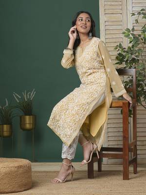 Women'S Hand Embroidered Fawn Straight Georgette Lucknow Chikankari Kurta With Slip 7
