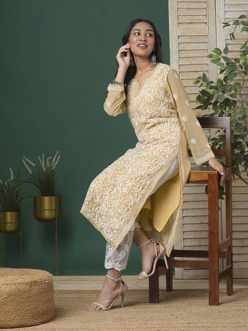 Women'S Hand Embroidered Fawn Straight Georgette Lucknow Chikankari Kurta With Slip