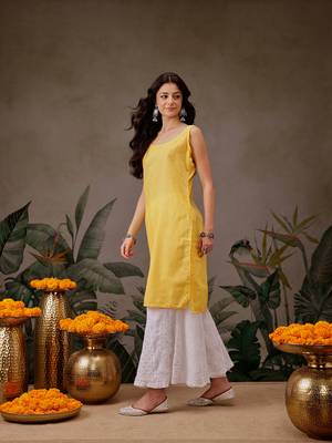Women'S Hand Embroidered Yellow Georgette Lucknow Chikankari Straight Kurta With Slip 8