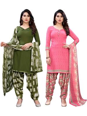Green printed crepe Kurta Salwar Unstitched Combo Pack of 2 1