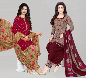 Red printed crepe Kurta Salwar Unstitched Combo Pack of 2 1