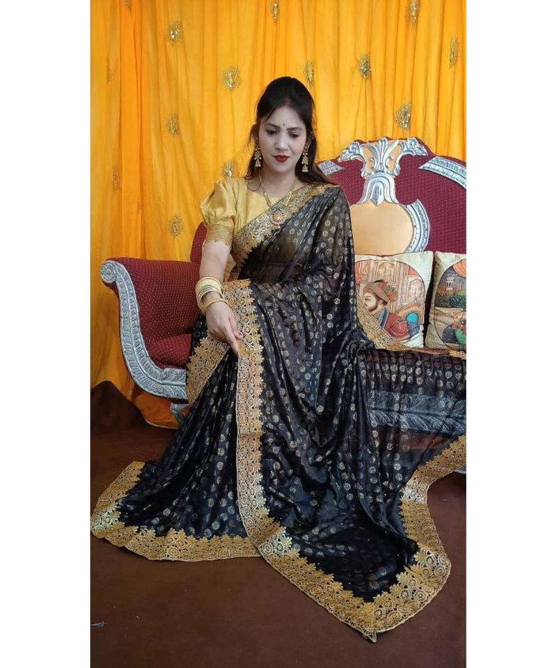 Aruna Saree with blouses Galaxy Foil Print With Lace Border  and Diamond  Saree with blouse