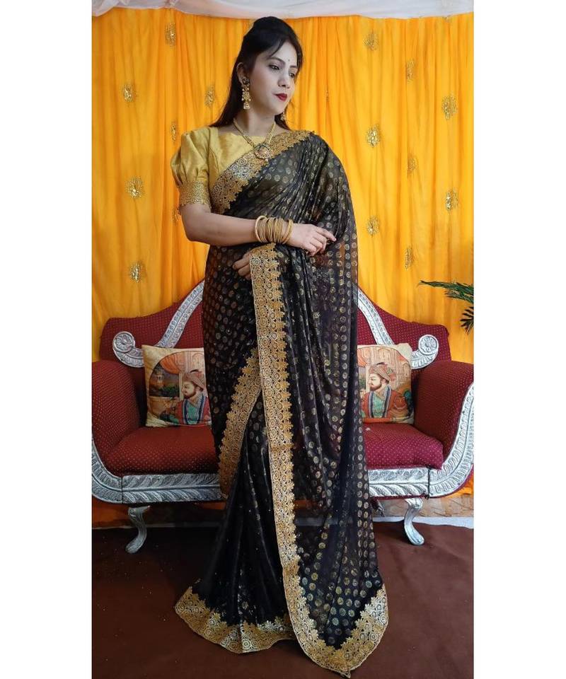 Aruna Saree with blouses Galaxy Foil Print With Lace Border  and Diamond  Saree with blouse