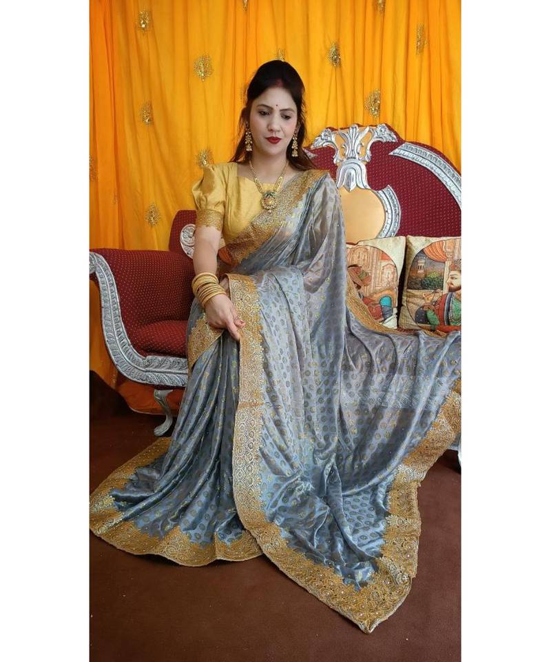 Aruna Saree with blouses Galaxy Foil Print With Lace Border  and Diamond  Saree with blouse