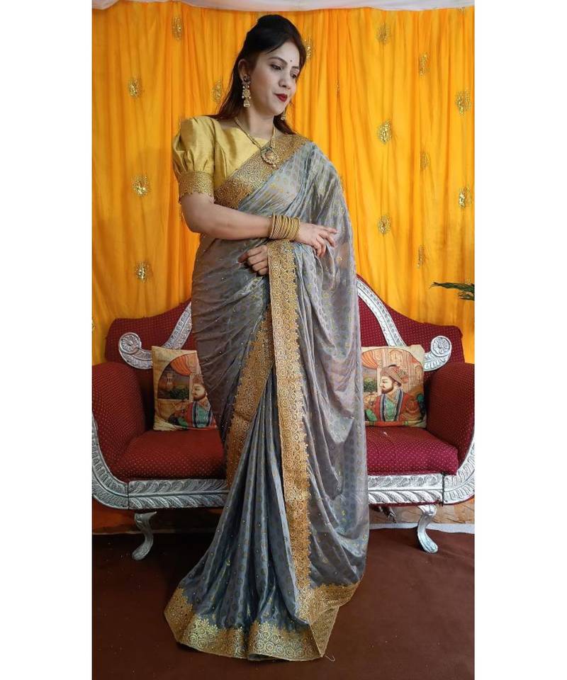 Aruna Saree with blouses Galaxy Foil Print With Lace Border  and Diamond  Saree with blouse