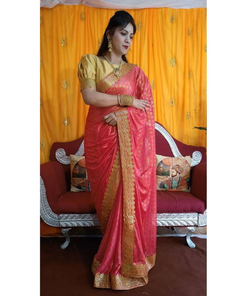 Aruna Saree with blouses Galaxy Foil Print With Lace Border  and Diamond  Saree with blouse