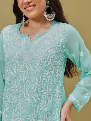Hand Embroidered Green Georgette Lucknow Chikankari Women Kurta With Slip 6
