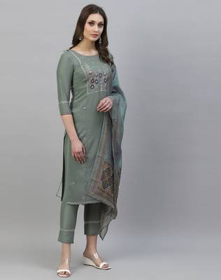 Dark-sea-green embroidered silk embroidered-kurtis 3