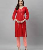 Red embroidered rayon embroidered-kurtis