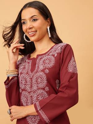 Hand Embroidered Maroon Cotton Lucknowi Chikankari Women Kurta 6