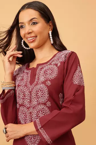 Hand Embroidered Maroon Cotton Lucknowi Chikankari Women Kurta