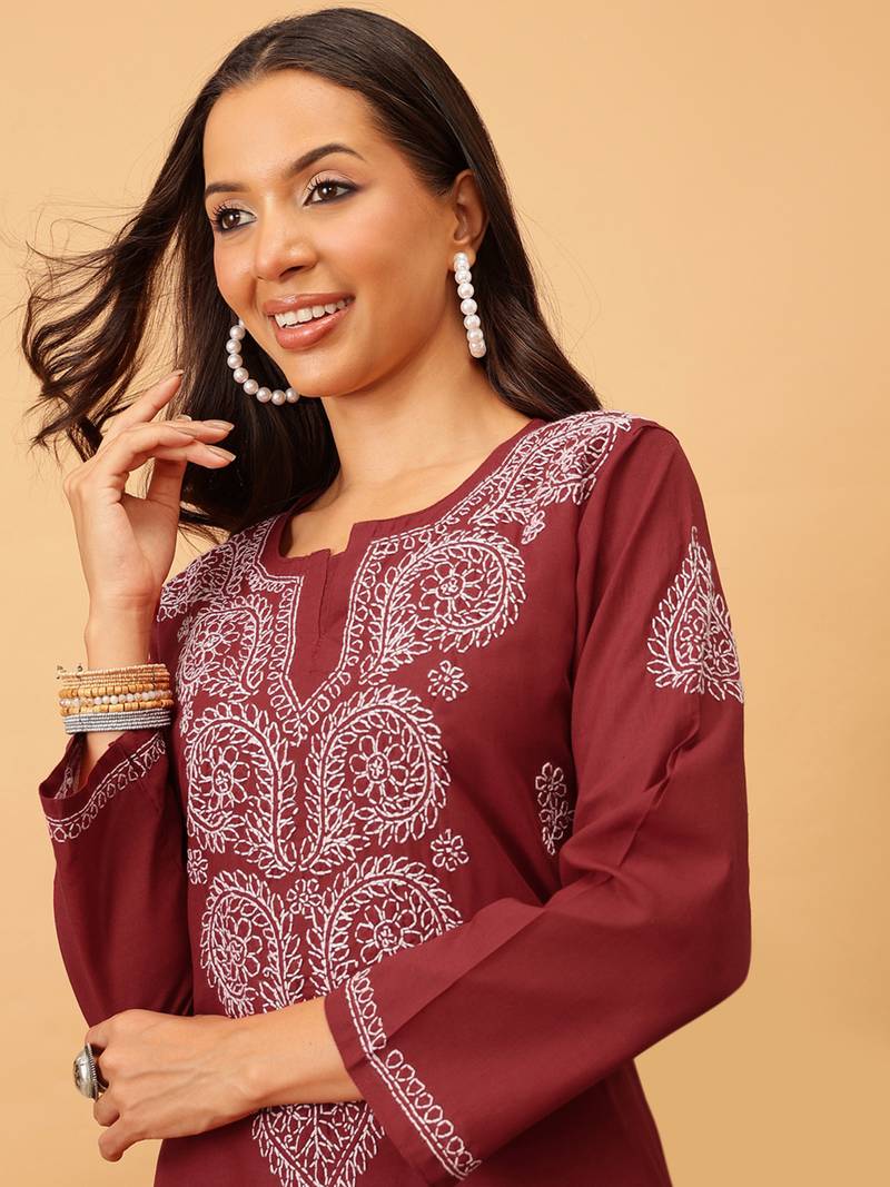 Hand Embroidered Maroon Cotton Lucknowi Chikankari Women Kurta