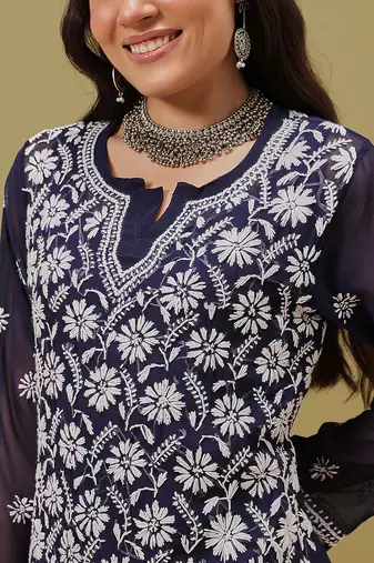 Hand Embroidered Navy Blue Georgette Lucknowi Chikankari Women Kurta With Slip