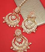 Designer Kundan Stone Bridal Dangler Pearl Stone Earrings Studs With Matching Maang Tikka
