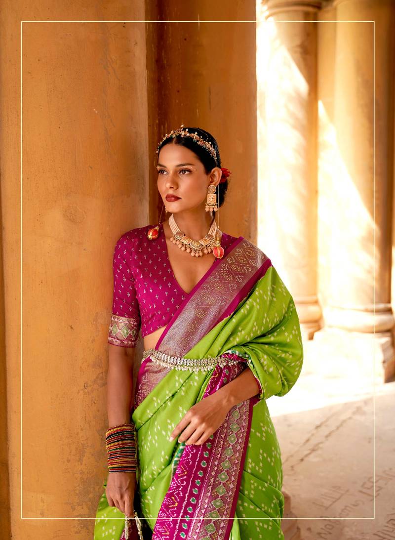 Parrot green printed silk saree with blouse