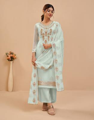 Light-aqua-blue embroidered pure georgette salwar 1