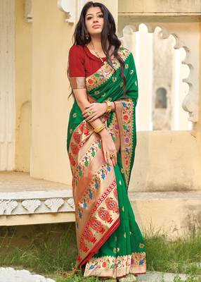 Green woven banarasi silk saree with blouse 1