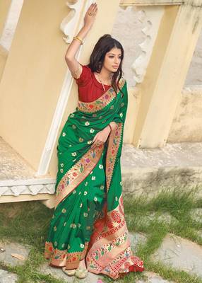 Green woven banarasi silk saree with blouse 2