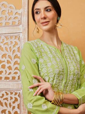 Green Embroidered Cotton Chikankari Women Kurta 6