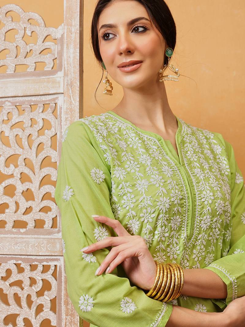Green Embroidered Cotton Chikankari Women Kurta