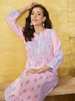 Hand Embroidered Pink Cotton Lucknow Chikankari Women Kurta 8
