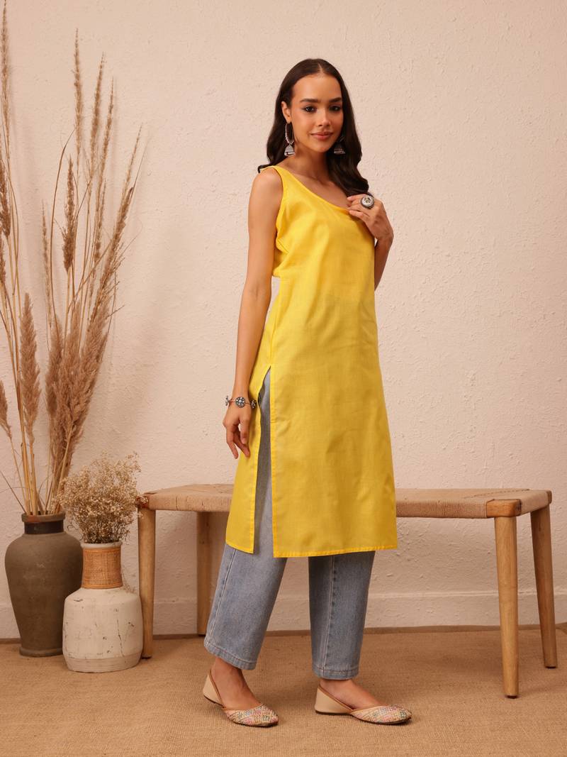 Hand Embroidered Yellow Faux Georgette Lucknowi Chikankari Women Kurta With Slip