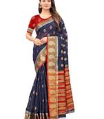 Navy blue woven cotton silk saree with blouse