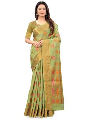Parrot green woven cotton silk saree with blouse 1