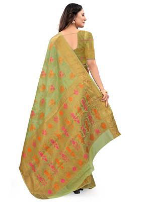 Parrot green woven cotton silk saree with blouse 2
