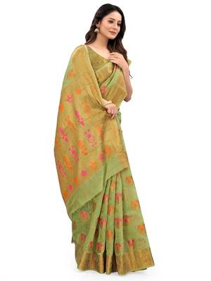 Parrot green woven cotton silk saree with blouse 3