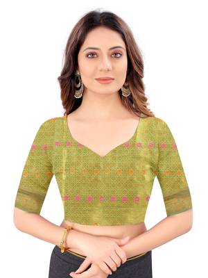 Parrot green woven cotton silk saree with blouse 5