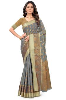 Grey Woven Blended Cotton Saree With Blouse