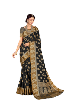 Dark Multicolor Woven Blended Cotton Saree With Blouse