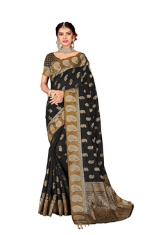 Dark Multicolor Woven Blended Cotton Saree With Blouse