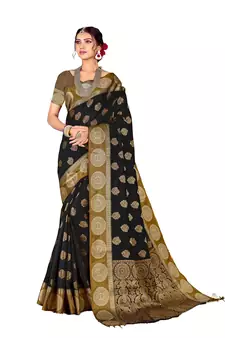 Dark Multicolor Woven Blended Cotton Saree With Blouse