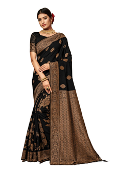 Dark Multicolor Woven Blended Cotton Saree With Blouse