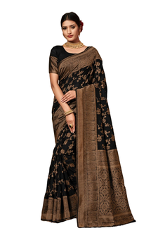 Dark Multicolor Woven Blended Cotton Saree With Blouse
