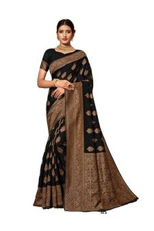 Dark Multicolor Woven Blended Cotton Saree With Blouse