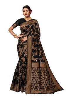 Dark Multicolor Woven Blended Cotton Saree With Blouse