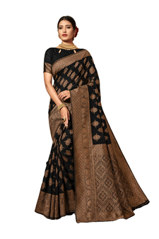 Dark Multicolor Woven Blended Cotton Saree With Blouse