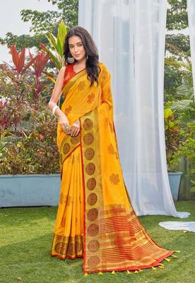 Yellow Woven Chanderi Saree With Blouse 1