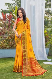 Yellow Woven Chanderi Saree With Blouse
