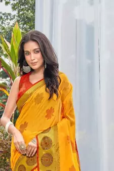 Yellow Woven Chanderi Saree With Blouse