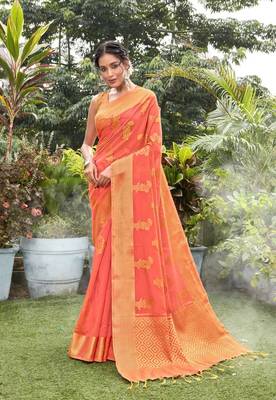 Red woven art silk saree with blouse 1