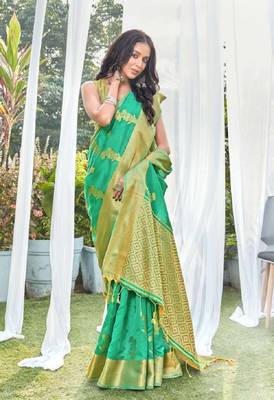 Turquoise woven art silk saree with blouse 2