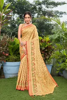 Beige Woven Art Silk Saree With Blouse