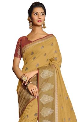Yellow woven chanderi saree with blouse 2