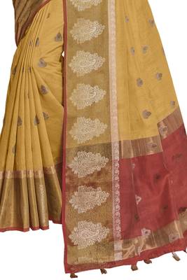 Yellow woven chanderi saree with blouse 3