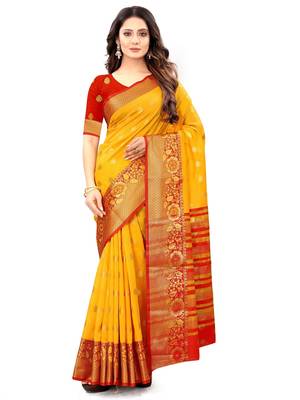 Yellow woven jacquard saree with blouse 1