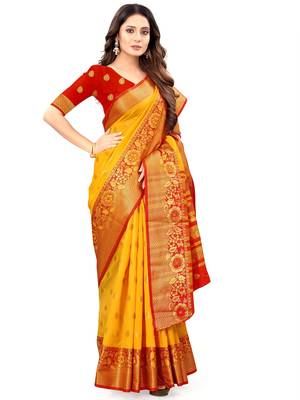 Yellow woven jacquard saree with blouse 4